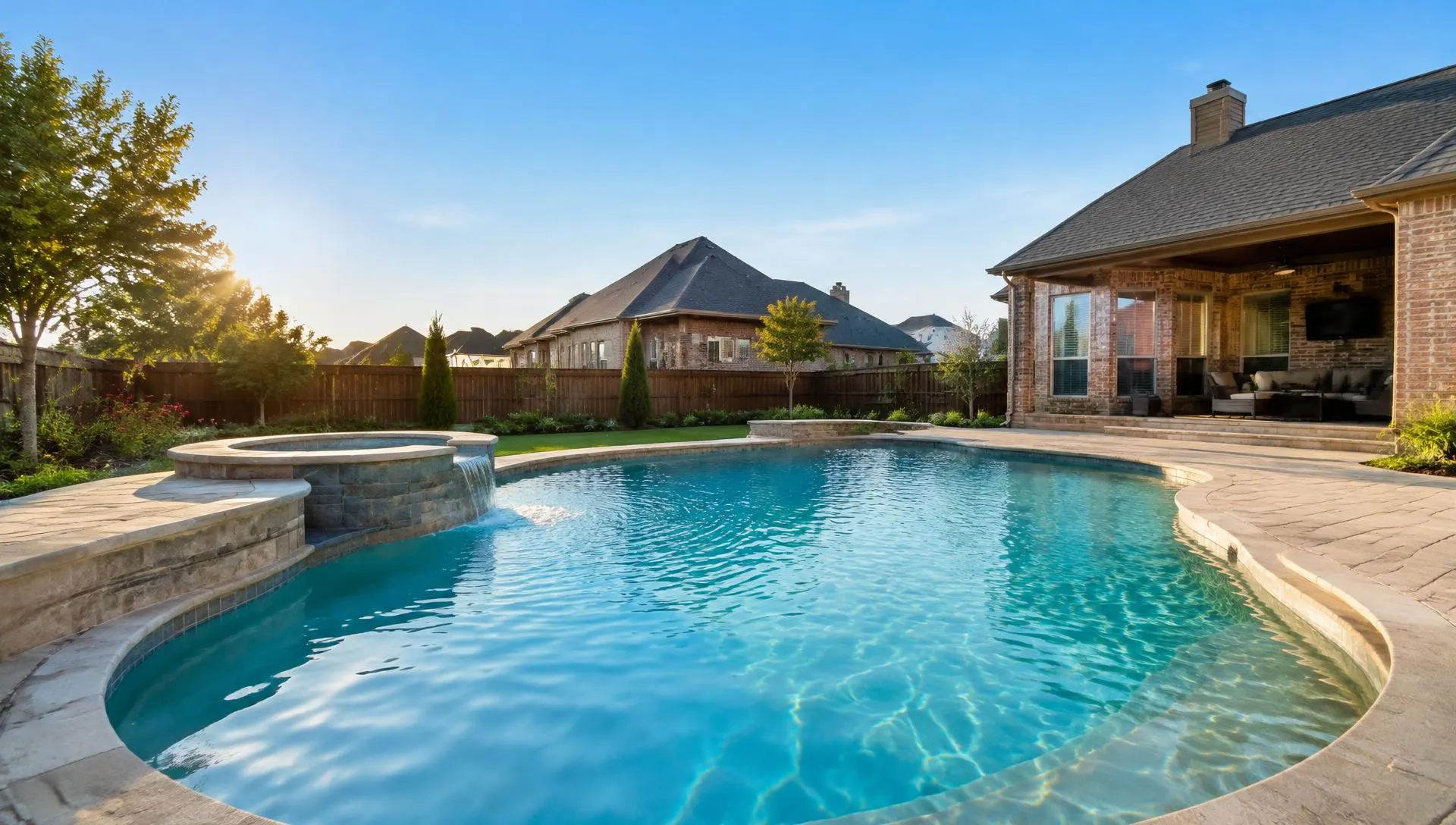 Clear blue residential swimming pool in a North Texas backyard