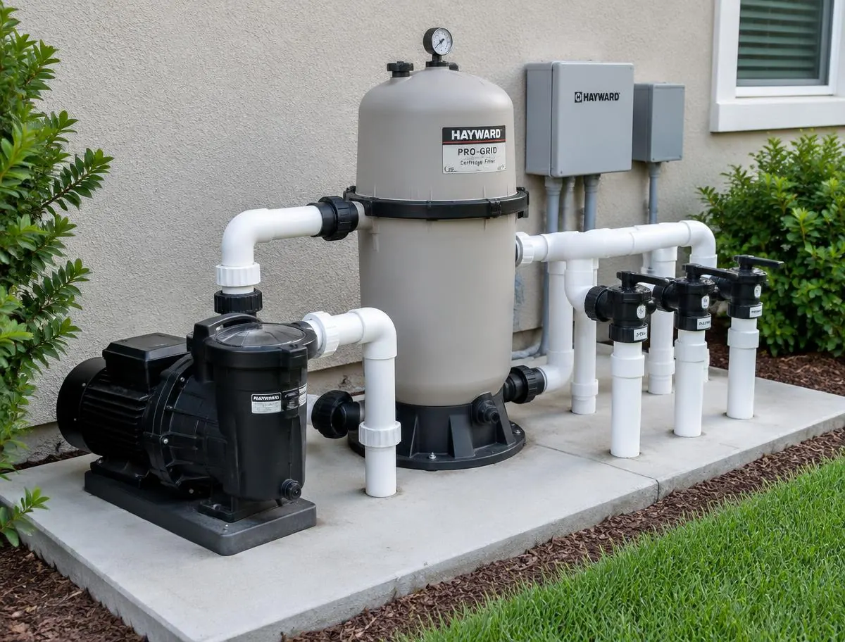 Residential pool equipment pad with pump, filter and plumbing valves