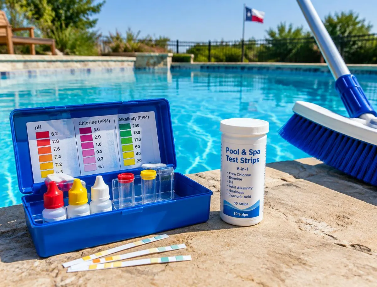 Pool water test kit and brush beside a clean swimming pool